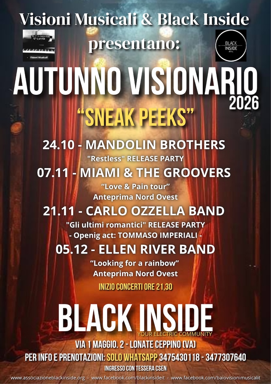 Al via “Autunno Visionario 2026 – Sneak Peeks”, terza edizione della rassegna curata da Visioni Musicali e Black Inside